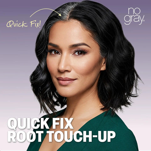 Quick Fix Gray Cover Up For Roots Beards And Brows Light Brown Shade Instant Root Touchup Brush on a woman with dark hair.