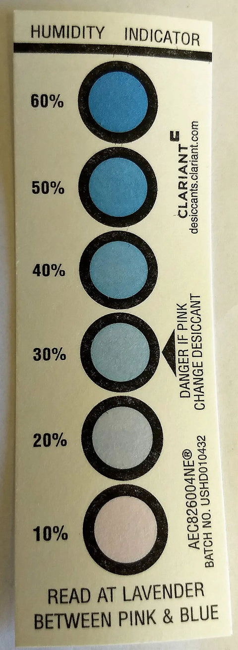 Reusable Humidity Indicator Cards Twenty Pack showing moisture levels from 10% to 60% with color indicators for tracking.