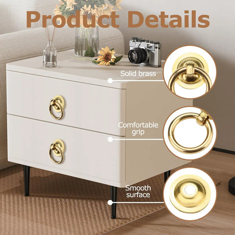 4 Pack Gold Vintage Ring Drawer Pulls With Screws, shown on a dresser with highlighted solid brass, comfortable grip, smooth surface
