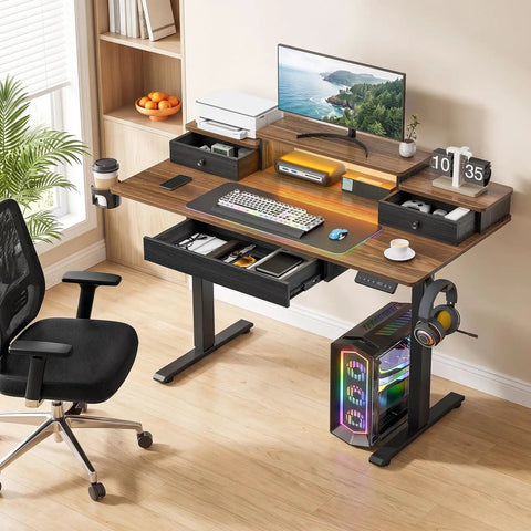 47 Inch Electric Standing Desk With RGB LED Gaming Table And Memory Height Adjustments For Ultimate Battle Station Setup In Modern Homes with modern design and storage.