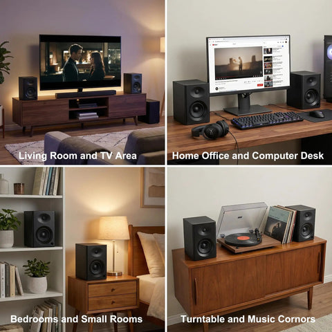 80W Peak Bluetooth 5.3 Bookshelf Speakers With 4 Inch Woofer and 1 Inch Silk Dome Tweeter in various home setups