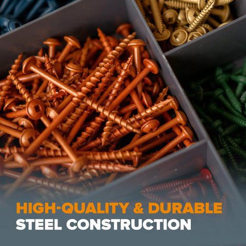 Close-up of assorted color-coated pocket hole screws in a box, focused on 1 Inch Coarse Thread Pocket Hole Screws For Softwood Woodworking, 100 Pack, Easy Drive Joinery Screws For Furniture Cabinetry And Carpentry Projects, Color Coat Finish For Stronger Durable Joints