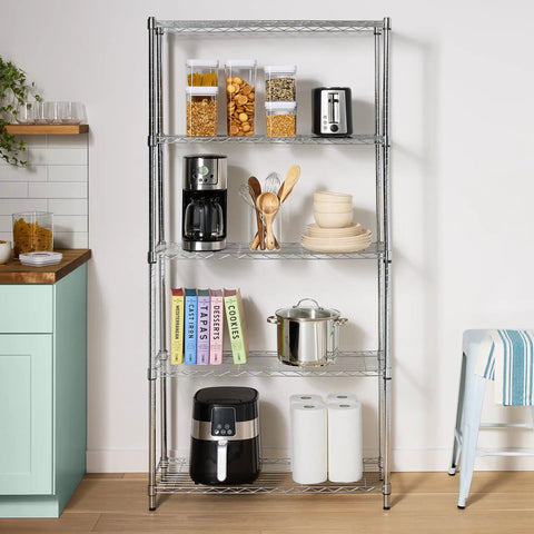Heavy Duty Five Shelf Wire Storage Rack With Chrome Steel Finish, Adjustable Space Saving Shelving Organizer For Garage Or Kitchen, Rock Solid Zero Stress Setup, 350 Lbs Per Shelf Capacity, with kitchen items organized.