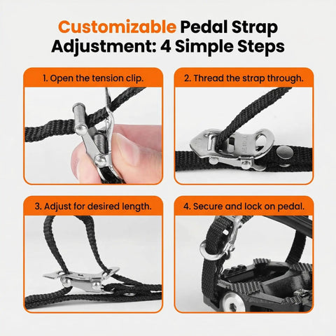 Adjusting toe cage bike pedals for regular or clipless shoes, 9 16 inch spindle with step-by-step strap instructions.