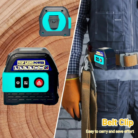 Tough 2IN1 Green Laser Tape Measure 262FT Digital Distance Meter displayed with belt clip on worker's tool belt.