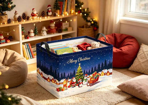Heavy-Duty Rectangular Christmas Basket With Waterproof Polyester Canvas Storage Bin, festive design, filled with toys and books.