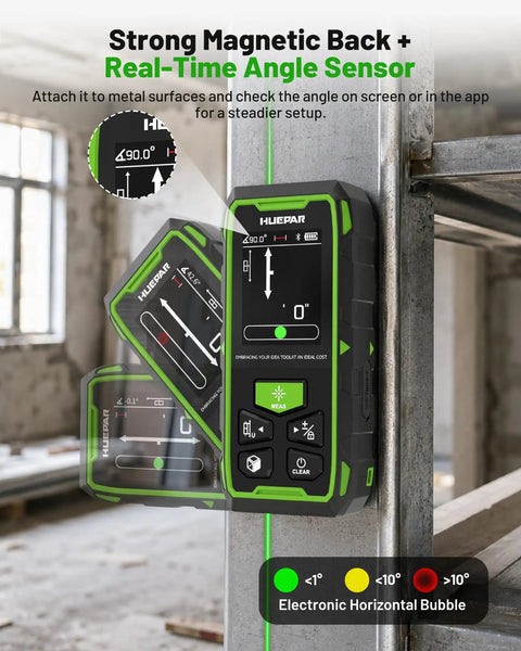 Nailing Every Job With This Upgraded Dual Laser Distance Meter Brings 395 Foot Range And Blazing Green Beams For Rock Solid 1/16 Inch Readings Plus Smooth Phone App Pairing, showing magnetic sensor and display.