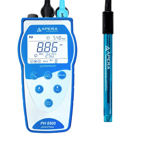 PH8500 Premium Series Portable Handheld PH Meter Kit With Easy Auto Multi Point Calibration and blue casing, front view.