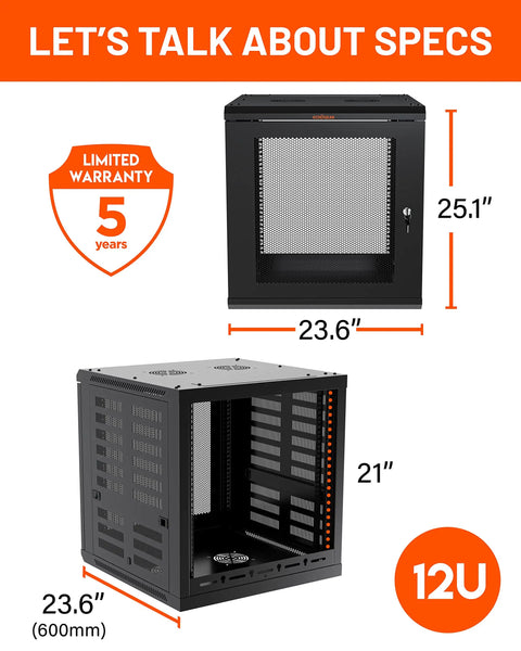 12U Enclosed Wall Mount Network Rack With Dual 1U Shelves Pre Mounted Fan Lockable Front Door Hardware Kit And 600mm Depth dimensions