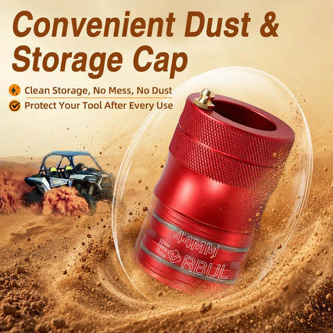 Pro Shop Grade 44 mm Wheel Bearing Greaser Tool For Atv Utv With Dust Cap, red storage cap against a sandy background.