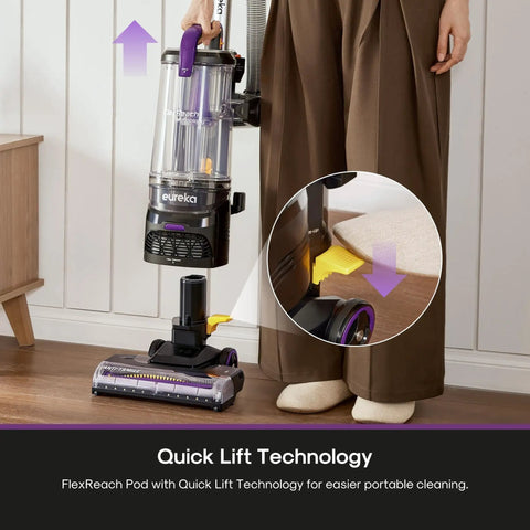 Eureka FlexReach Bagless Vacuum With Lift-Away Wand And Swivel Base For Stairs Upholstery And Hardwood, showing Quick Lift Technology in use.