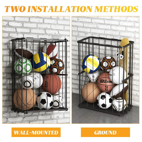 Heavy Duty Garage Ball Storage Rack With No Fuss Elastic Strap Wall Mount Or Floor Stand Option For Basketball Soccer Football Volleyball Gear In Matte Black, showing both wall-mounted and floor stand options.