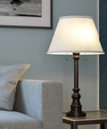 Spyglass Table Lamp With Bronze Finish, Dual Pull Chains, White Linen Shade, Retro Modern Luxe Vibe