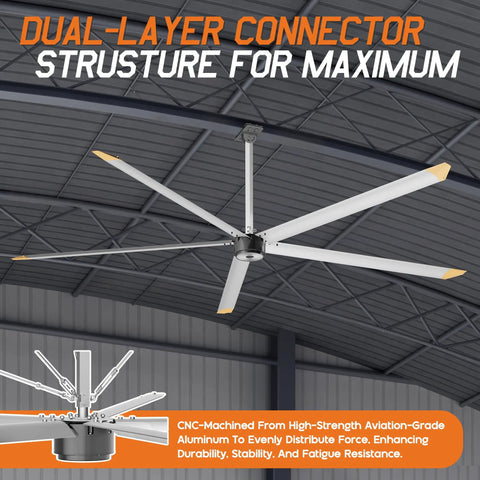 Industrial 144 Inch Aluminum Ceiling Fan Equipped With An Ultra Quiet Dc Motor And Five Heavy Duty Blades Delivering Kickin Airflow For Warehouses And Spacious Rooms In Sleek Silver Gray Finish showcasing dual-layer connector structure for maximum durability.