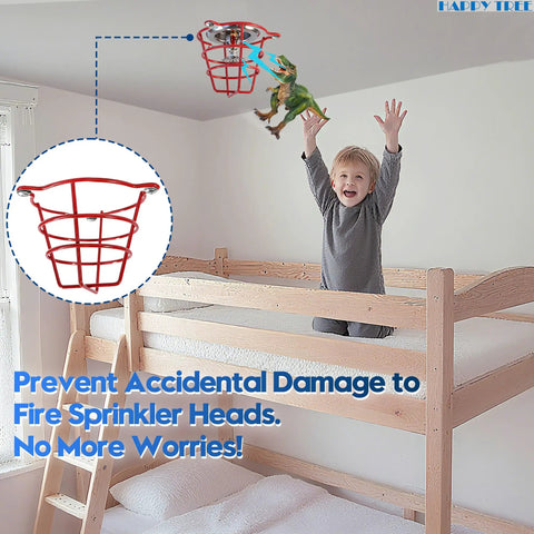 Heavy Duty Red Fire Sprinkler Head Guard Cage Cover For 1 2 And 3 4 Inch Systems Easy Install No Hassle Rugged Steel Mesh shown protecting ceiling-mounted sprinkler.