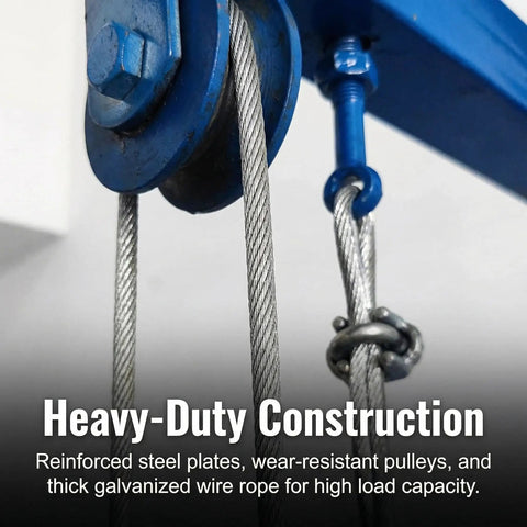 Heavy Hitter Electric Scaffolding Lift With Smooth Remote Control And Pro Level Foldable Mobile Work Platform Built Like A Beast On Steel Frame With Rolling 360 Casters Plus Locking Stabilizers For No Fuss Height Changes Up To 13 Feet with detailed heavy-duty steel pulleys and cable system.