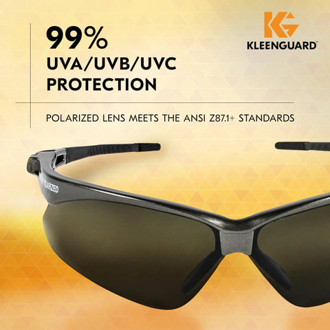 V30 Nemesis Polarized Safety Glasses Smoke Gray Lenses Gunmetal Frame Unisex Sunglasses close-up with Kleenguard logo