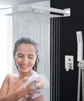 Woman enjoying Ultimate Rain Shower System With Dual Heads, Ceiling Mounted High Pressure Flow, Chrome 12 Inch Showerhead
