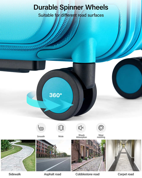 Durable spinner wheels on Caribbean Blue expandable carry-on roller suitcase, showcasing 360-degree maneuverability for smooth travel.