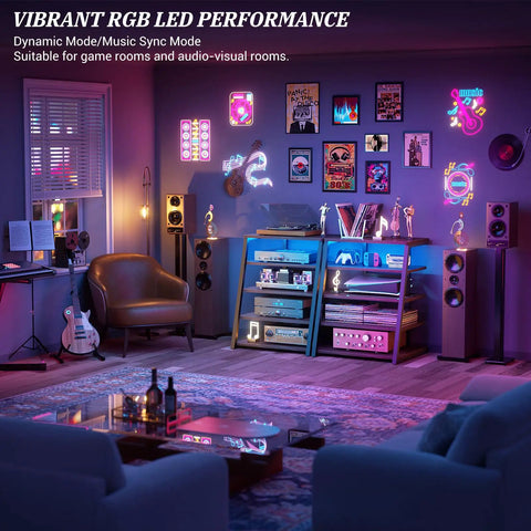 Rock Solid AV Media Stand With Zero Stress Assembly And Five Tier Adjustable Shelves For Stereo Racks And Compact Entertainment Centers A Total No Sweat Game Changer For Your Space in a vibrant, stylish living room with RGB LED lighting.