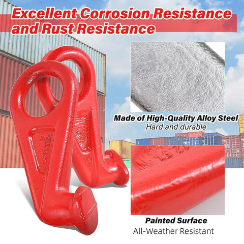 Heavy Duty Lifting Hooks For Shipping Containers With Clear Left And Right Safety Guidance Forged Steel Durable Dockside Gear Built For Industrial Warehousing And Logistics Pros, shown in bright red with corrosion-resistant paint and high-quality alloy steel detailing.
