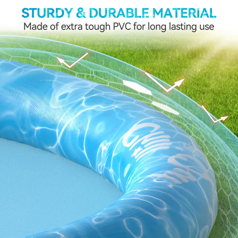 Close-up of the Ultimate Outdoor Dog Splash Pad for Summer Fun 59 Inch Anti Slip Sprinkler Pool Water Play Mat made of blue PVC