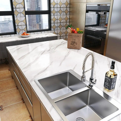 White Marble Contact Paper Peel And Stick For Countertops Waterproof Self Adhesive Marble Wallpaper For Kitchen Counters Desks Cabinets And Furniture 24 Inch Wide By 118 Inch Long Large Roll DIY Upgrade shown on kitchen island