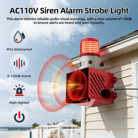 Rock Solid Heavy Duty Plug In Security Alarm With Blinding Led Strobe And Loud As Heck 120 Decibel Siren IP55 Weather Ready Housing mounted on a house.