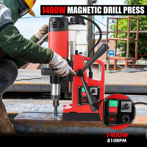 11 Piece Portable Magnetic Drill Press Set With Core Bits For Metal Surface 1.6 Inch Max Drilling Diameter Double Track System industrial grade drill press in use on metal surface