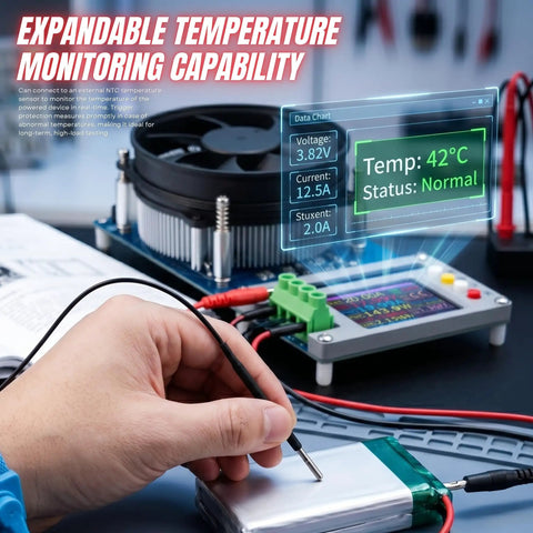 150W 20A Constant Current Electronic Load With USB Battery Tester and NTC sensor in testing mode, color display visible