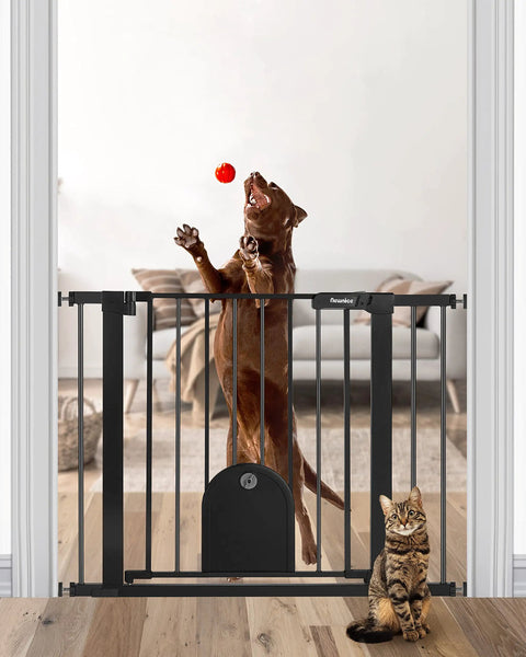 Wide Auto Close Baby Gate With Cat Door for Stairs in black, dog and cat behind gate