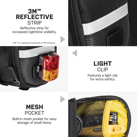 Image showing Aero Wedge Pack With Strap Mount For Bike Seat Post highlights: reflective strip, light clip, and mesh pocket details.