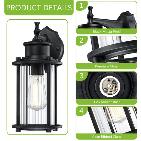 Two Pack Outdoor Wall Lights For Porch Patio And Garage 12.5 Inch Exterior Waterproof Fixtures In Matte Black With E26 Socket And Ribbed Glass Shade Easy Mount Sconces Built To Last Anti Rust detailing product features.