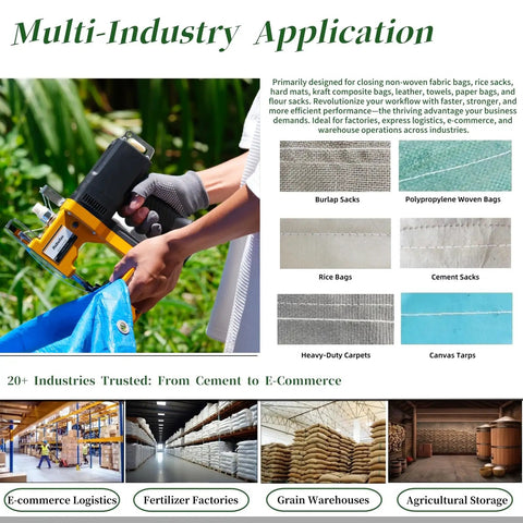 Heavy Duty Portable Bag Sealing And Stitching Machine For Woven Bags, Nonwoven Fabrics And Leather - Cordless 36V Battery Pack, The Go-To On-The-Go Packing Tool For Warehouse And Farm, Yellow sealing a blue tarp bag.