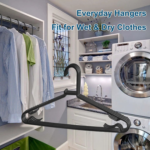 Straight Up Solid 50 Pack Plastic Hangers With Four Swivel Hooks, 16x8 inch black hanger for wet and dry clothes.