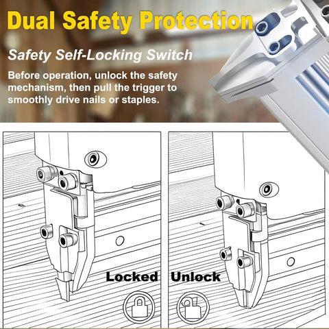 Dual safety protection feature of Heavy Hitter 18 Gauge Cordless Brad Nailer And Staple Gun Combo showcases locked and unlocked switch.