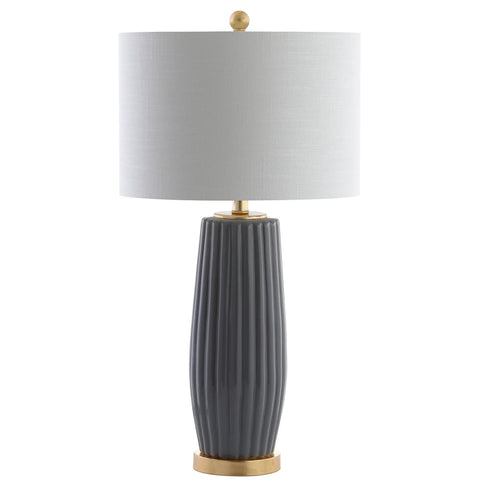 Gray 28.5 Inch Modern Ceramic Table Lamp With Fluted Base And White Linen Shade, Gold Accent, Energy Efficient LED Bulb Included