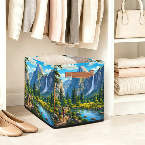 Slick 13 Inch Foldable Cube Storage Bins For Closets And Shelves Easy Clean Waterproof Bin with scenic mountain design.