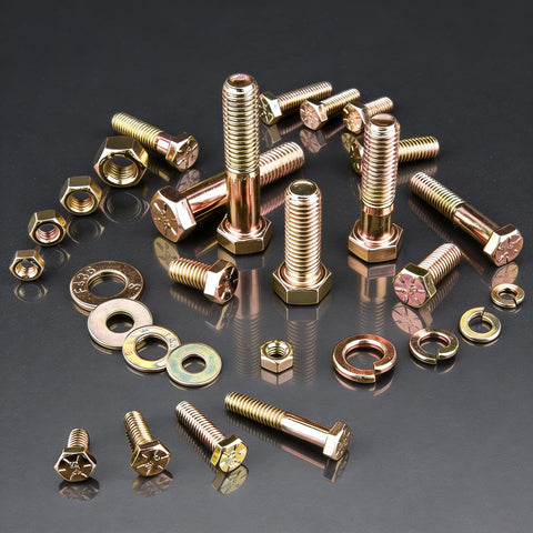 1004 Piece Beefy Grade 8 Nuts And Bolts Kit With SAE Sizes displayed on black surface, showing various yellow zinc elements