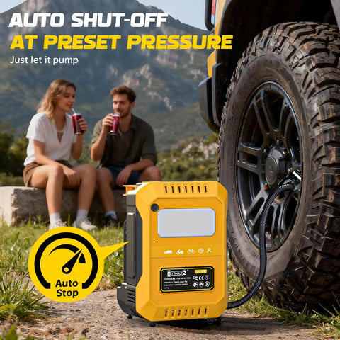Ultra Fast 160PSI Cordless Air Pump With Dewalt 20V Battery Compatibility next to a car tire and two people enjoying drinks.