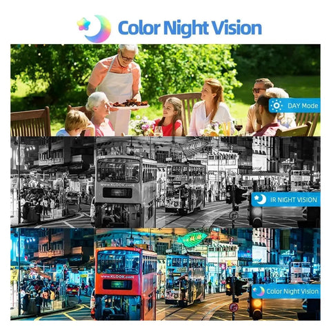 Image showcasing Color Night Vision features with day and night comparisons of outdoor scenes and a family gathering.