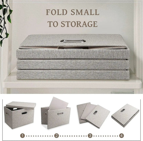 Heavy Duty Fabric Storage Bins With Snap On Lids Stackable Khaki Storage Boxes folded, showing multiple layers on shelf.