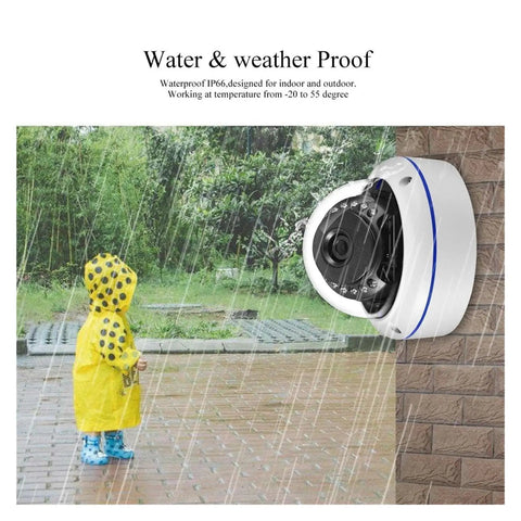 Heavy Duty POE IP Camera With Kickass 8MP 4K Ultra HD Resolution And Built In Audio For Smooth Indoor Outdoor Surveillance, mounted on wall in rainy weather.