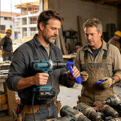 Heavy Duty Angle Grinder And Saw Cutter Featuring Field Ready Drill Bit Sharpening Tool With Brown Fused Alumina Wheel And Antislip Hex Shank For No Sweat Operation And Hard Core Trade Repairs in workshop with two men discussing tools.