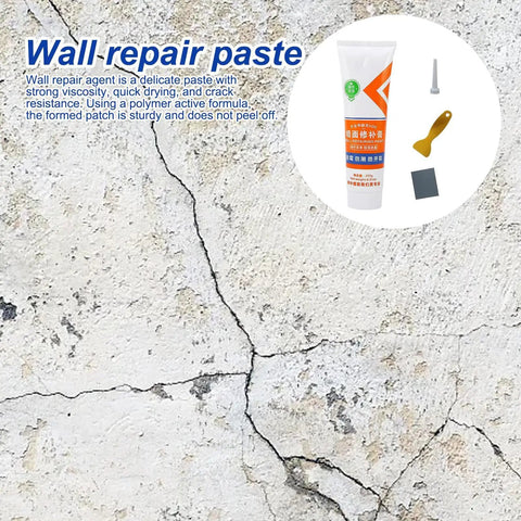 Wall Repair Paste Quick Drying Crack Fix Kit with tube and tools on cracked wall background for Drywall Filler use