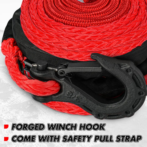 Synthetic Winch Rope Kit Half Inch By Eighty Five Feet With Thirty Two Thousand Pound Tensile Strength Made From UHMWPE For Off Road Four By Four Vehicles Includes Protective Sleeve Forged Hook And Safety Strap Red with forged hook detail