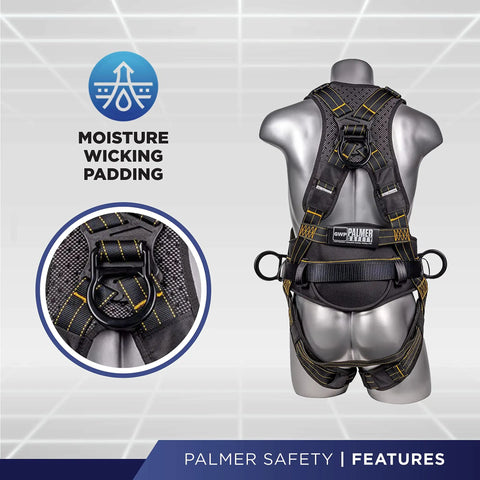 Back view of Built Tough Fall Protection Harness With Five Point System Chest And Leg Straps Aluminum D Rings