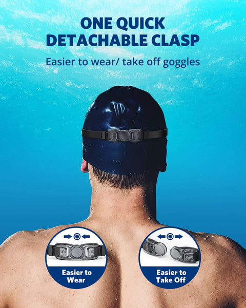 Back view of a swimmer wearing Elite Leak Proof Swim Goggles featuring a quick detachable clasp for easy wear.