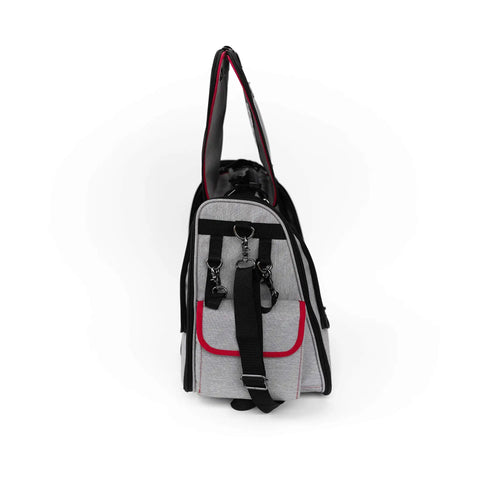 Side view of Pro Painters Tool Bag Deluxe with adjustable shoulder strap, dual sides for tools, and multiple pockets, heavy duty organizer.