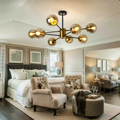Modern 8 Light Glass Globe Sputnik Chandelier In Black And Gold E26 Base Crystal Pendant Light With Height Adjustable Arms